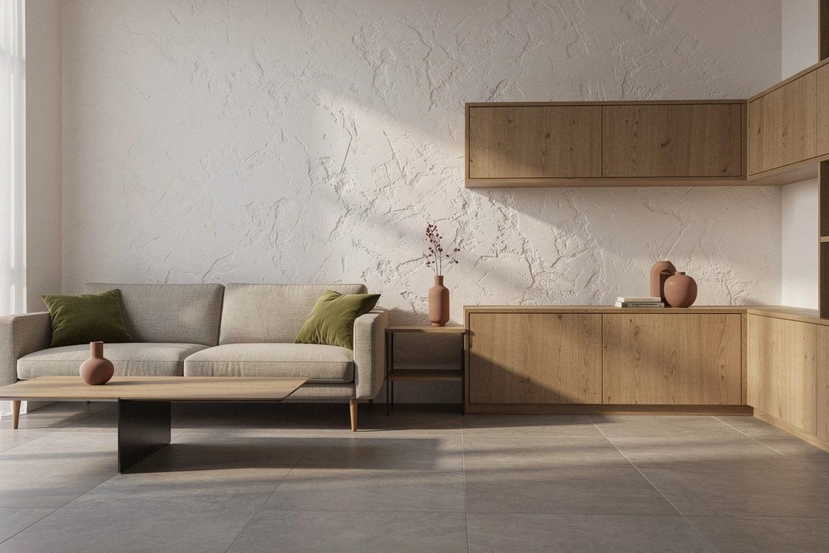 Living room after renovation with oak veneer joinery and hand-troweled clay plaster walls