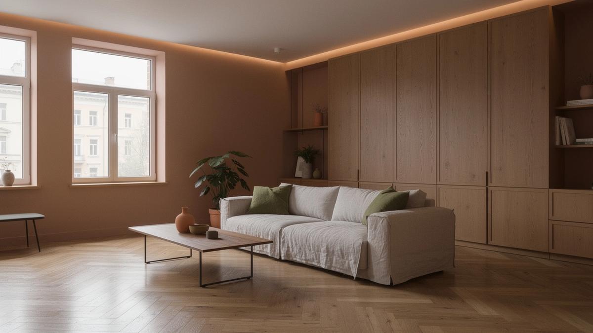 Living room of a renovated Kyiv apartment with restored parquet, custom oak joinery and warm cove lighting